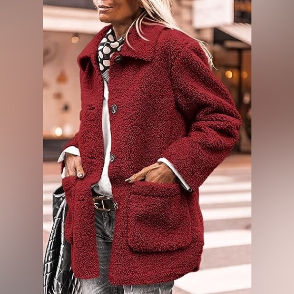PRETTYGARDEN Women's L Red Winter Faux Fur Sherpa Teddy Coat Lapel Button Front - Picture 1 of 13